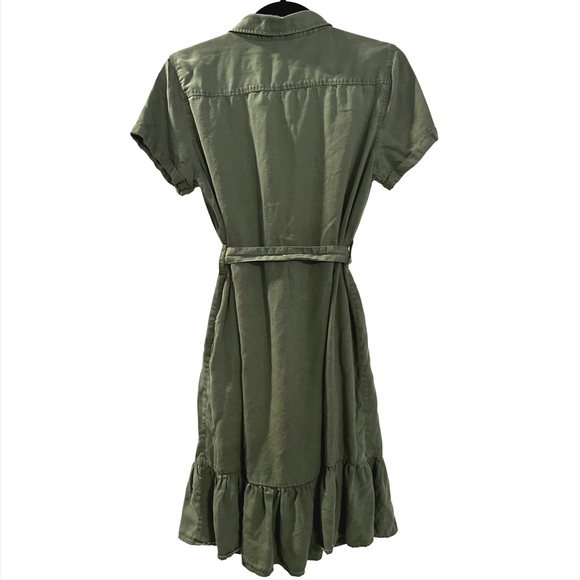 Army Green Collared Button Up Ruffle Hem Casual Dress with Pockets - Picture 2 of 5